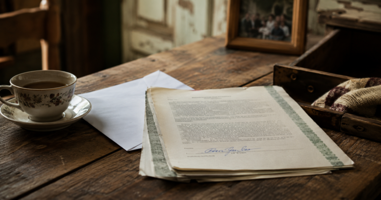 Hidden farmhouse deed signed in blue ink beside a resignation letter and teacup on a rustic wooden table.