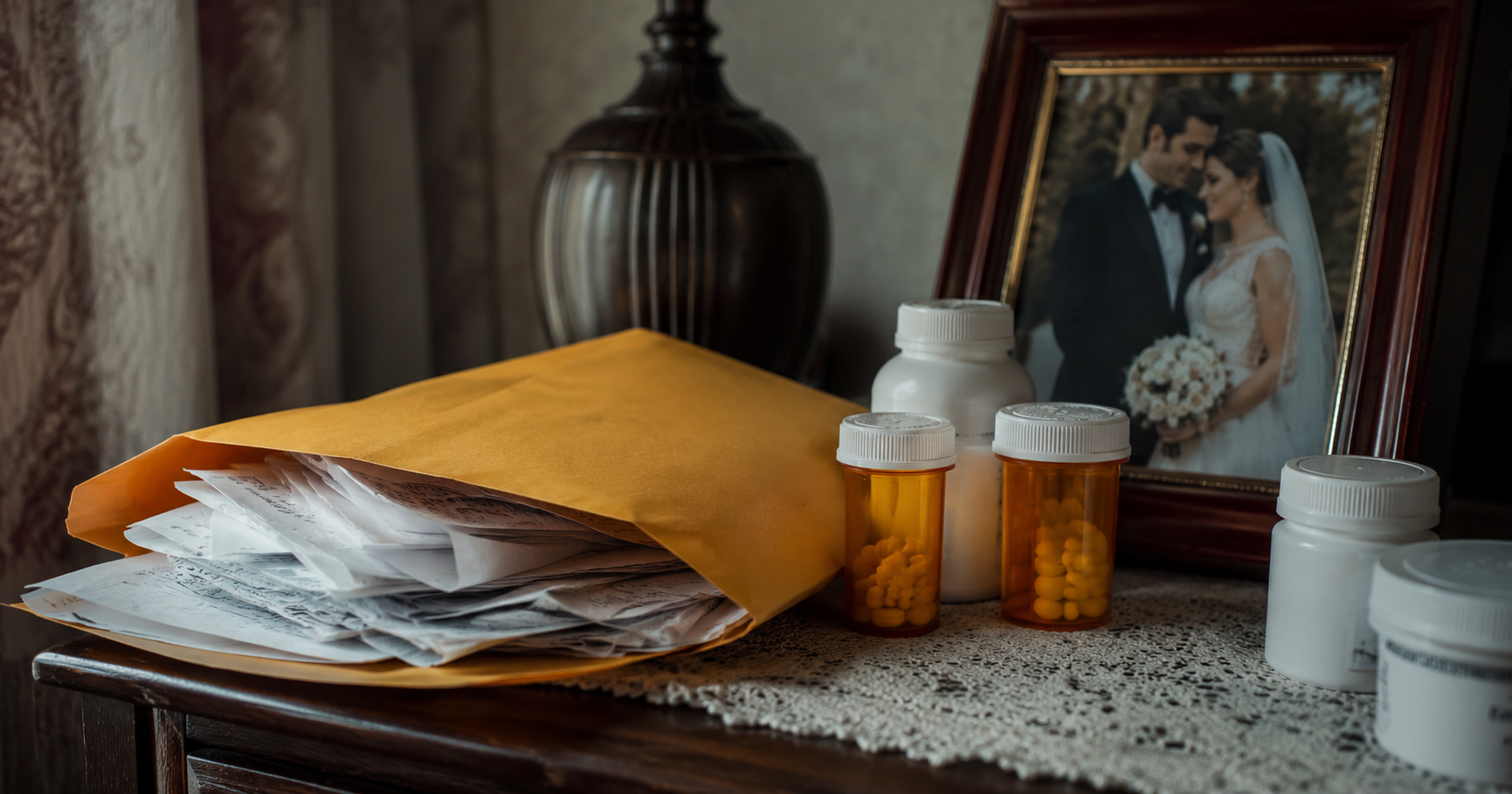 Yellow envelope of pharmacy receipts beside medicine bottles and framed wedding photo on a wooden table.