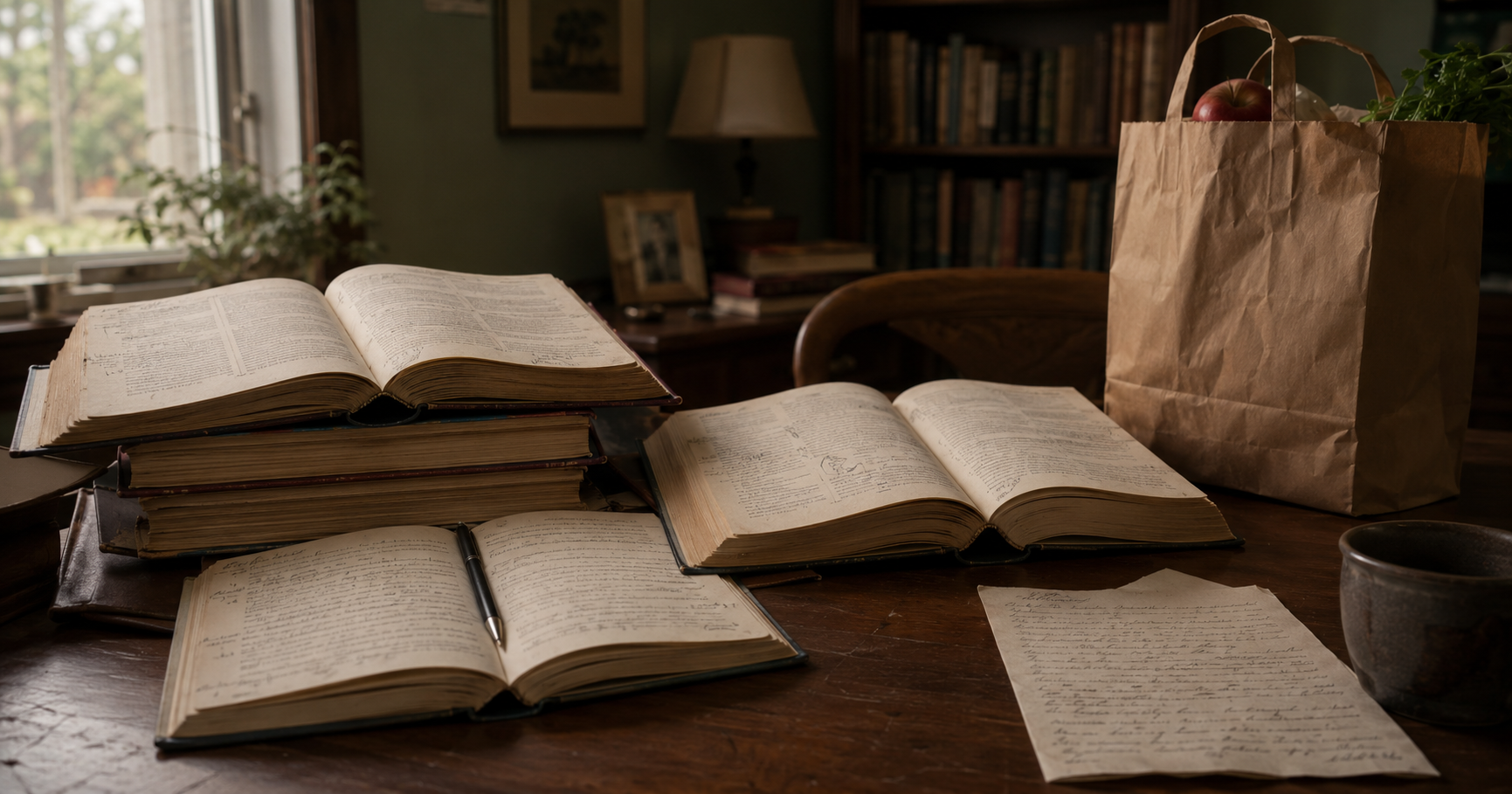 Old professor’s annotated books on a desk with a grocery bag and handwritten letter in soft natural light.