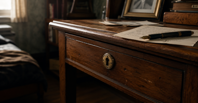 Locked father’s desk drawer with a handwritten list and old fountain pen in soft natural light.