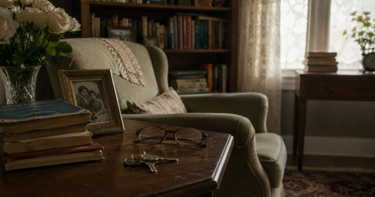 Elderly widow’s living room with library books, reading glasses, and house keys on a wooden table.