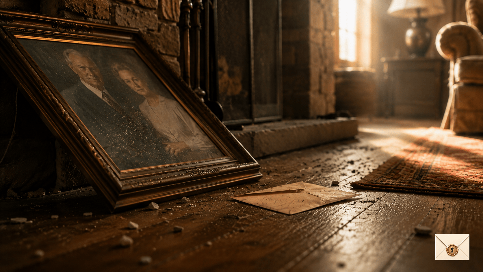 Hidden envelope falling from behind an old family portrait above a fireplace