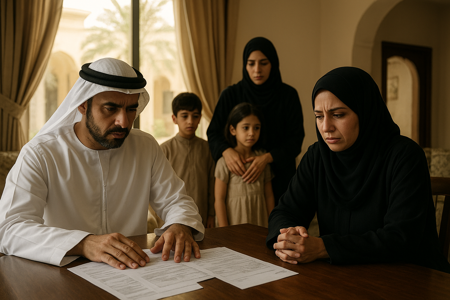 Arab family story illustration for After the Funeral in Sharjah, One Small Record Exposed the Family's Biggest Lie
