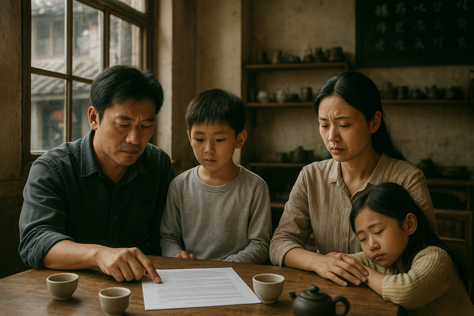 Chinese family story illustration for They Asked for Equal Shares in Guangzhou, But the Partnership Paper Counted Every Visit