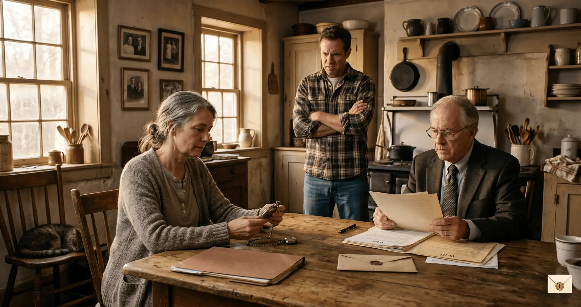 Daughter cared for father inheritance story with Grace Paul and a lawyer at the old farmhouse table