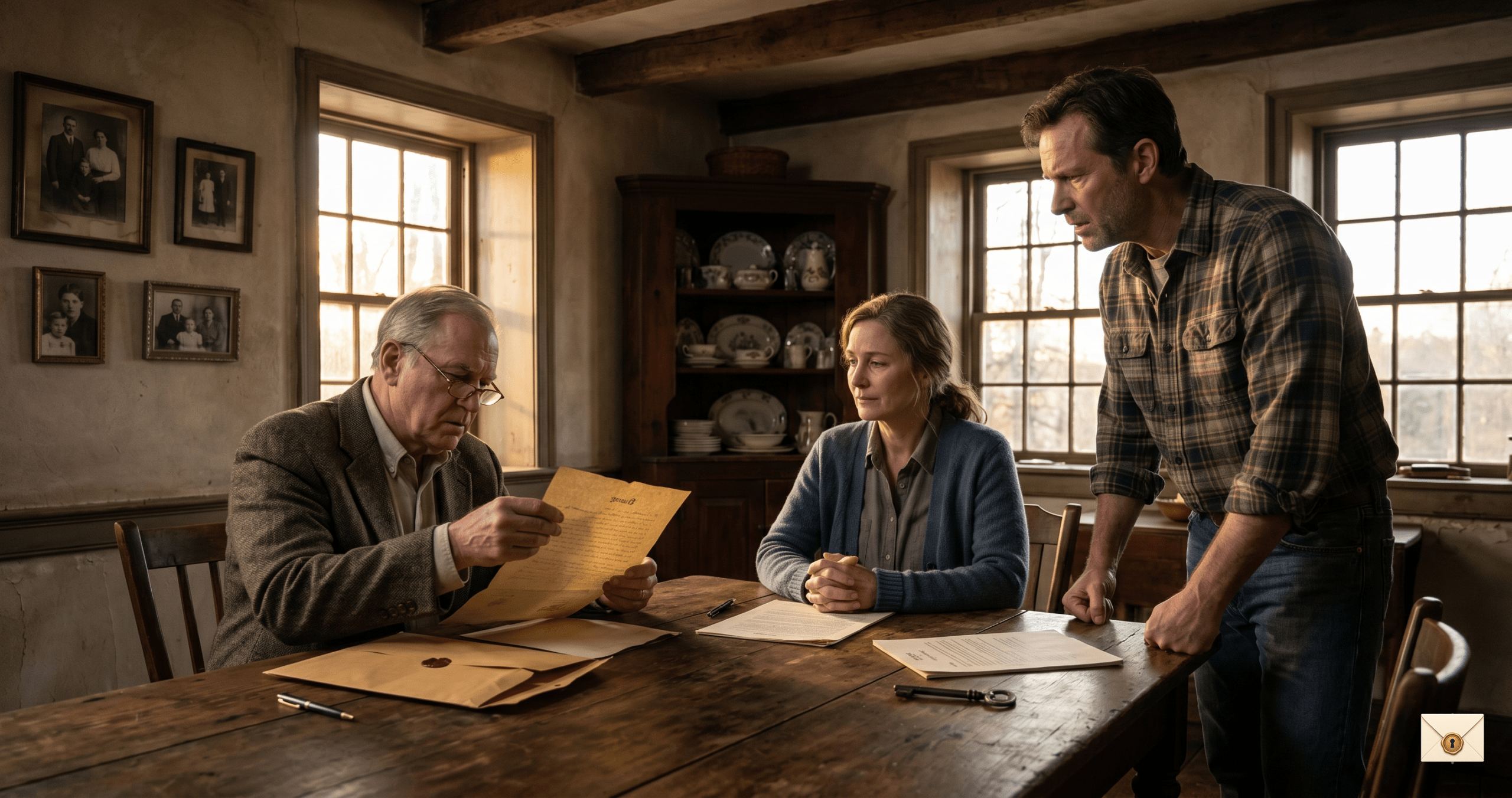 Farmhouse hidden deed inheritance story with Grace Paul and a lawyer during the deed reveal
