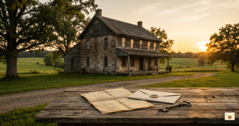 Farmhouse hidden deed inheritance story with an old deed on a wooden table