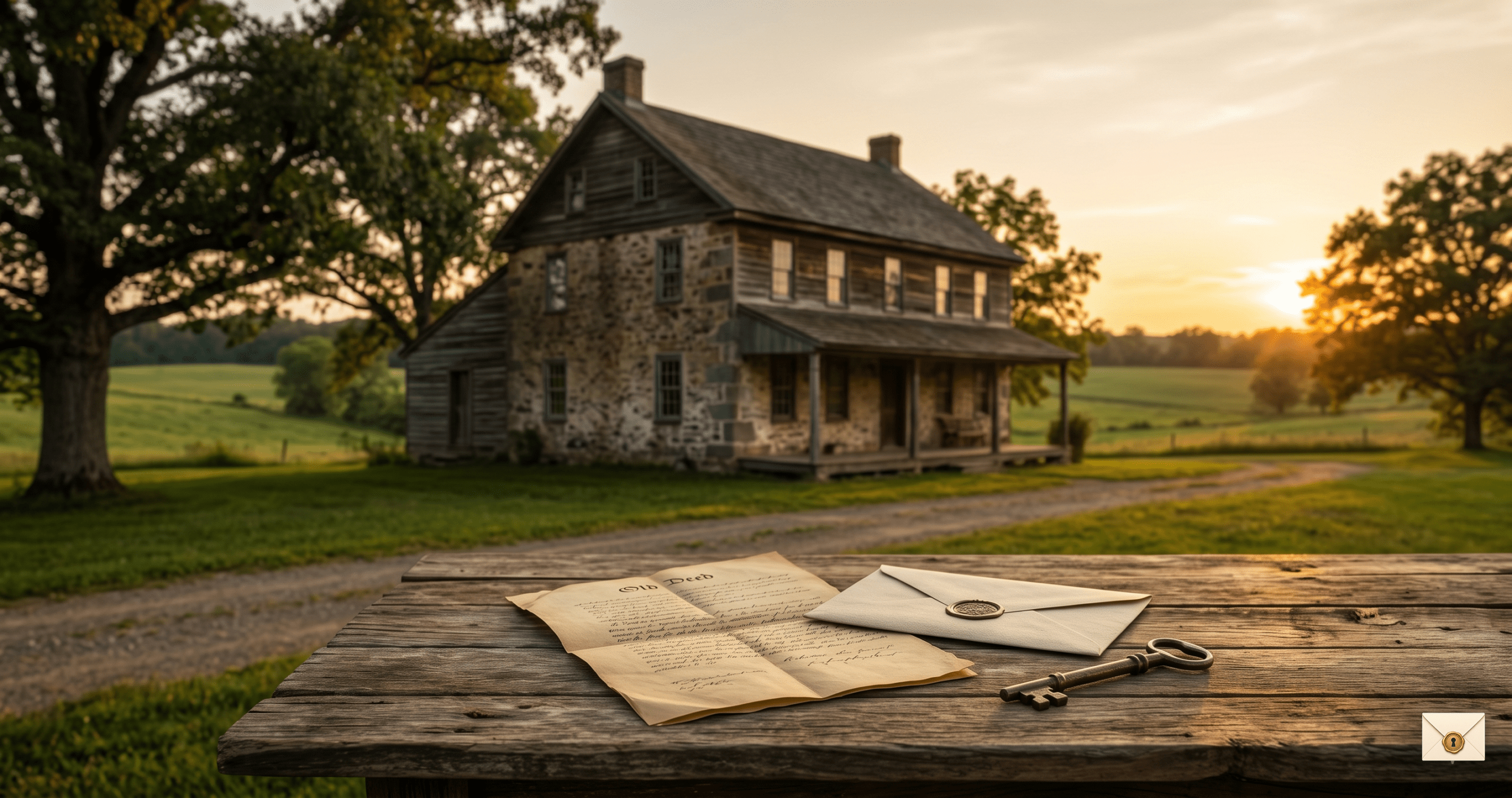 Farmhouse hidden deed inheritance story with an old deed on a wooden table