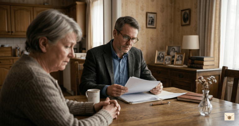 Funeral revelation story showing a lawyer reading page two of a will at a quiet family table