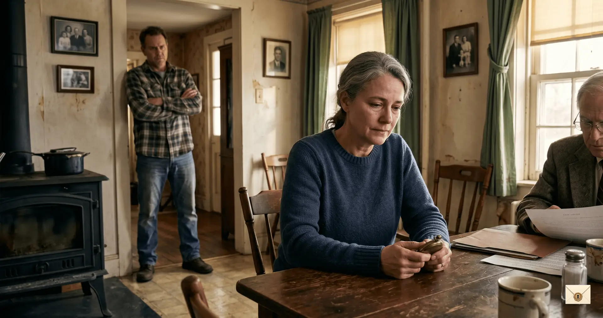 Daughter cared for father inheritance story showing Grace holding her father’s watch during a tense farm dispute