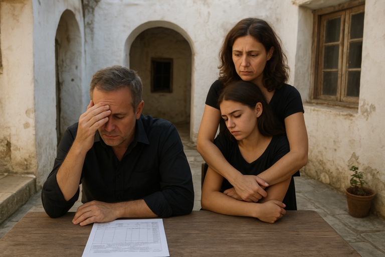 Greek family story illustration for After the Funeral in Crete, One Small Record Exposed the Family's Biggest Lie