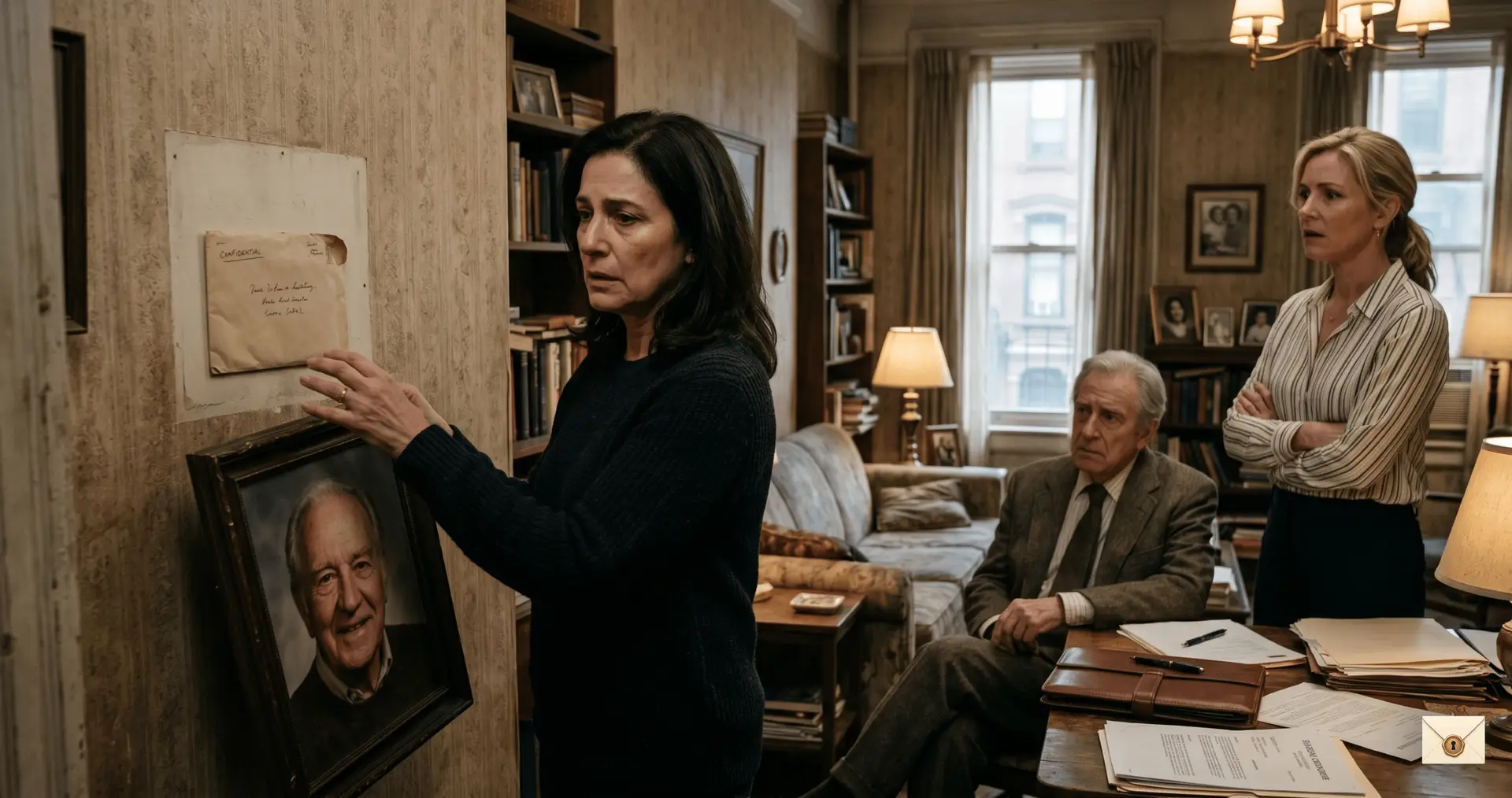 Hidden letter inheritance story showing Lena Diane and their father’s portrait in a Brooklyn apartment