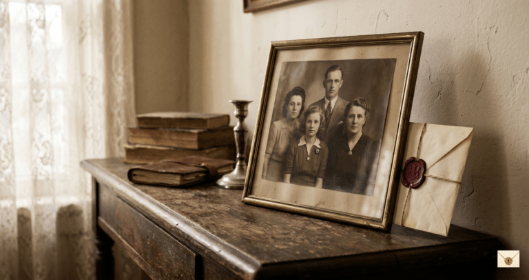 Hidden letter story showing a sealed letter behind an old family portrait