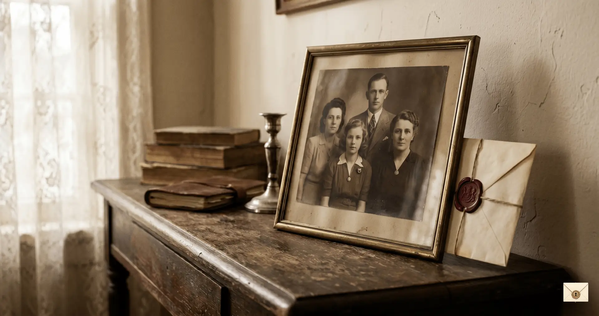 Hidden letter story showing a sealed letter behind an old family portrait
