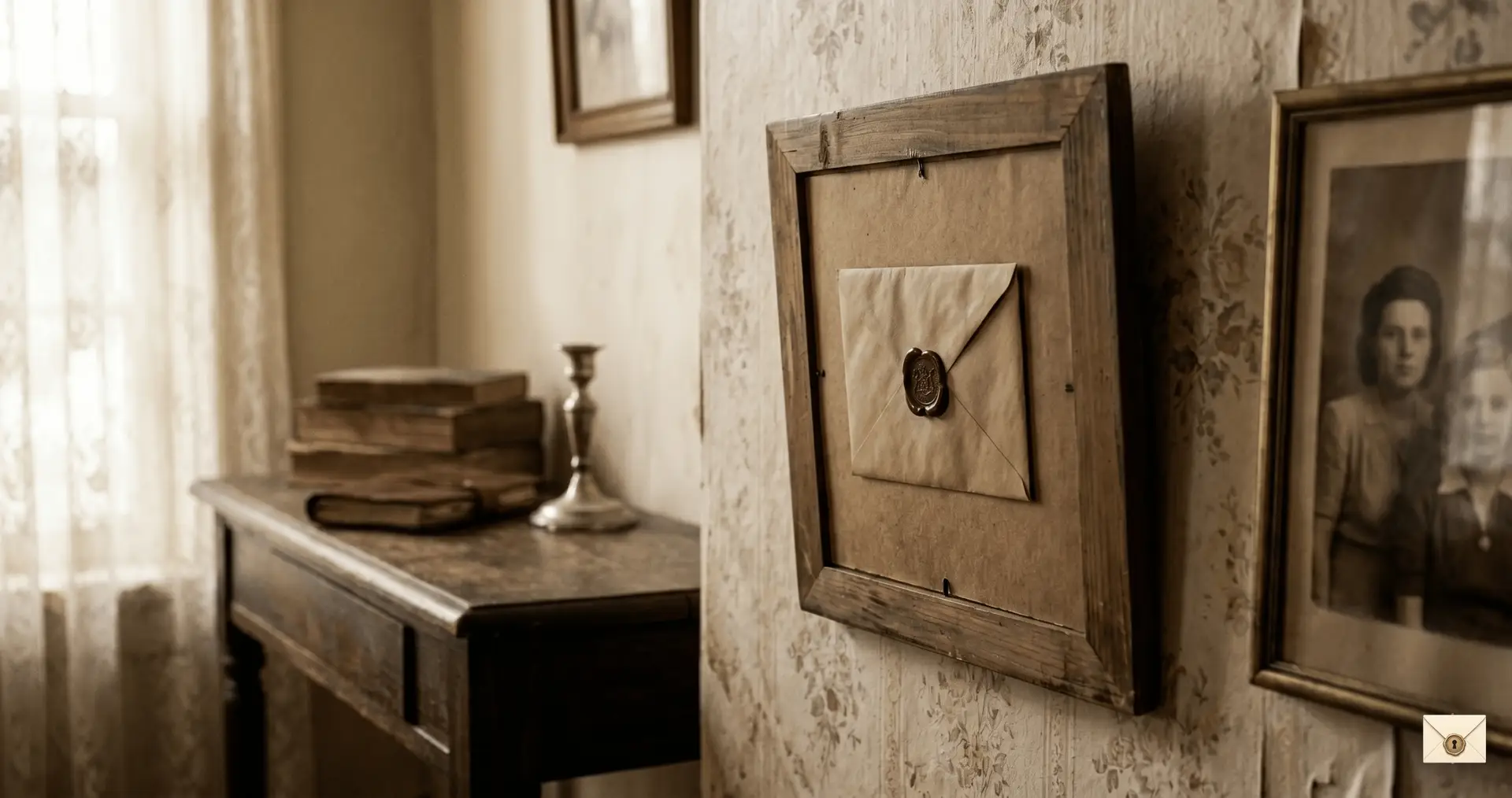 Hidden letter story showing a sealed letter behind an old family portrait