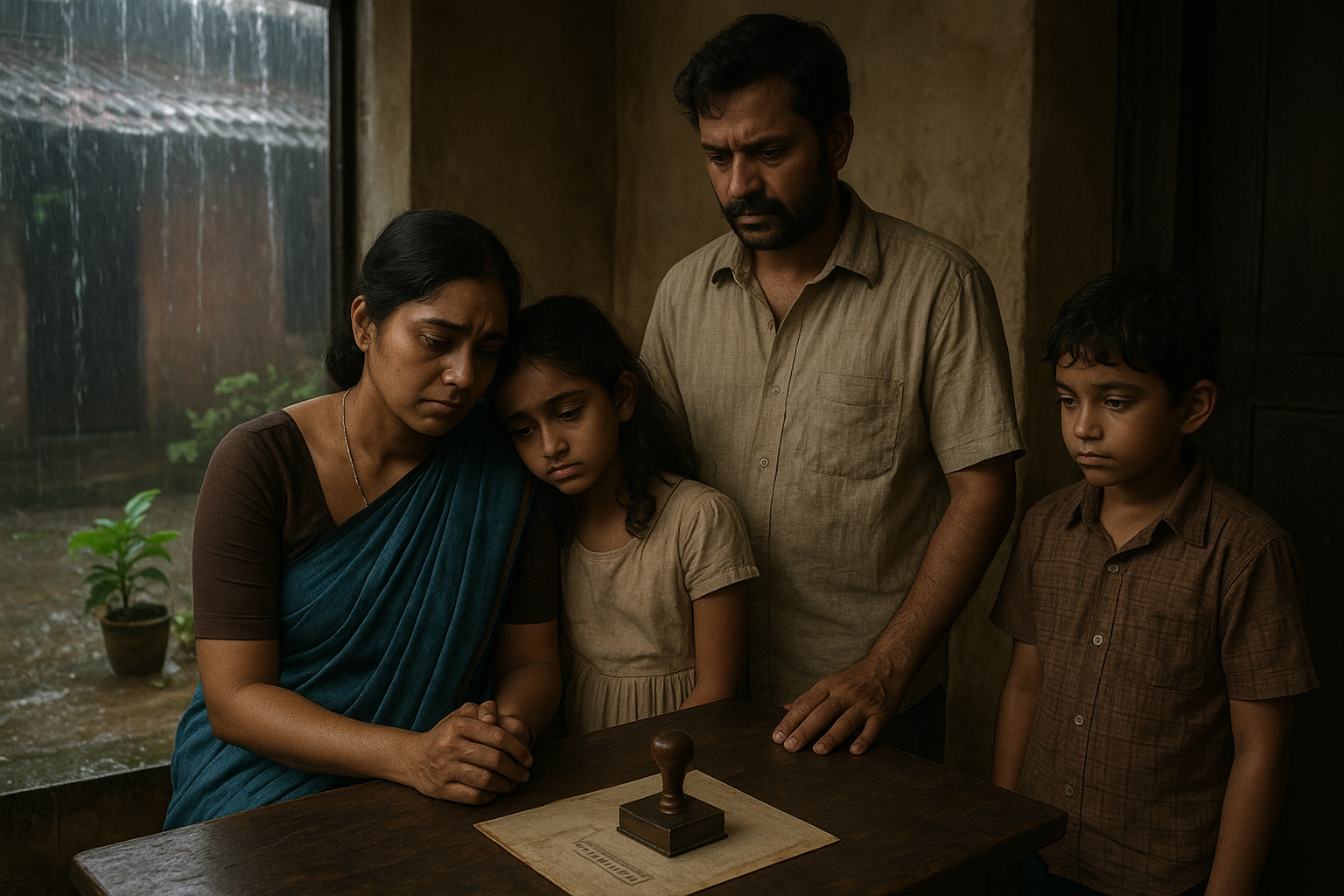 Indian family story illustration for Amina Was Left Out of the Family Meeting in Kerala, Until the Planning Office Stamp Had Her Name