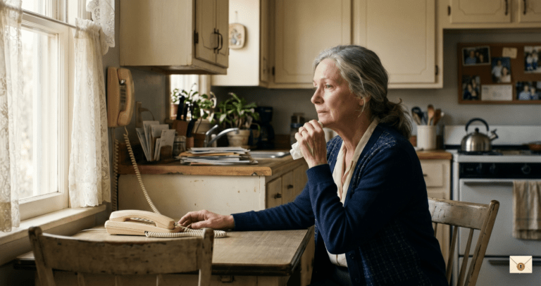 Widowed mother story showing an old phone and notebook in a quiet kitchen