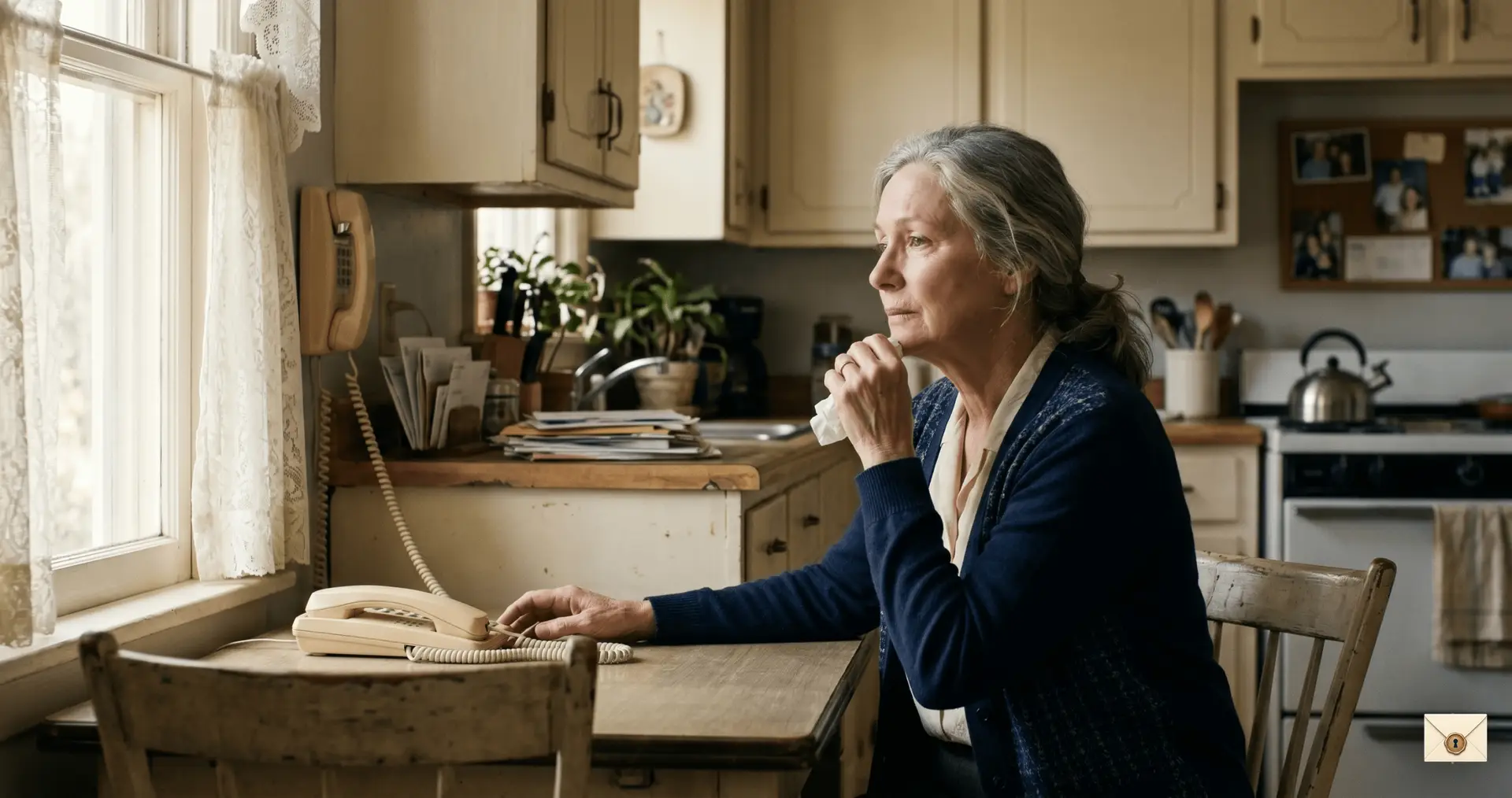 Widowed mother story showing an old phone and notebook in a quiet kitchen