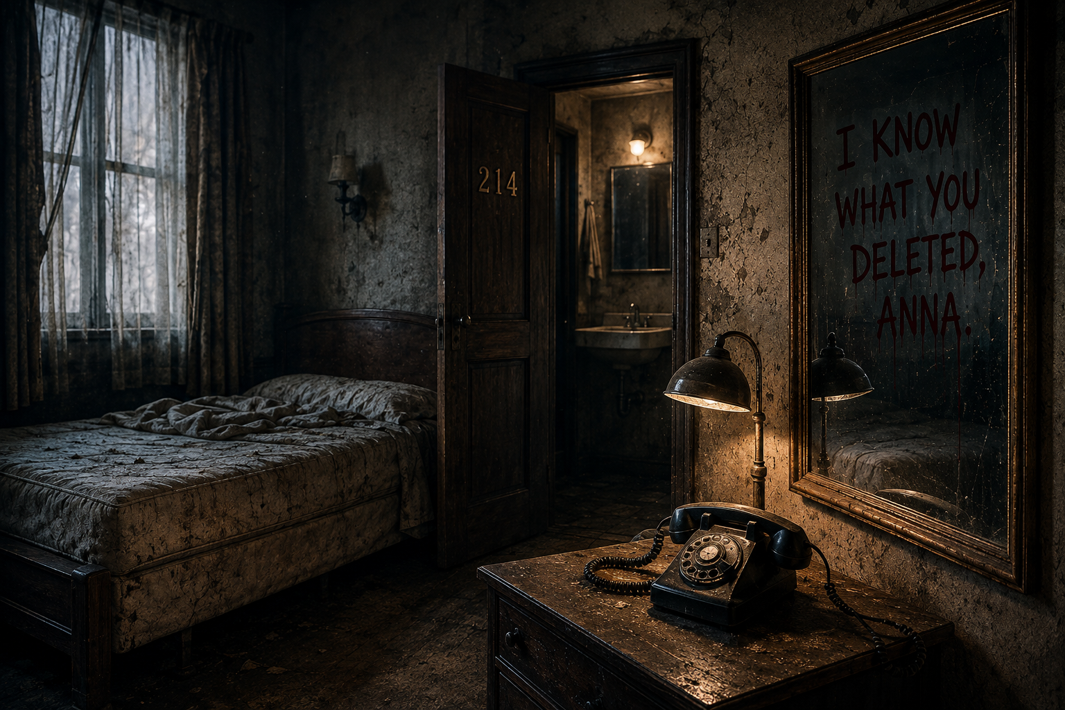 Abandoned hotel room with an old telephone and a mirror message reading I know what you deleted Anna