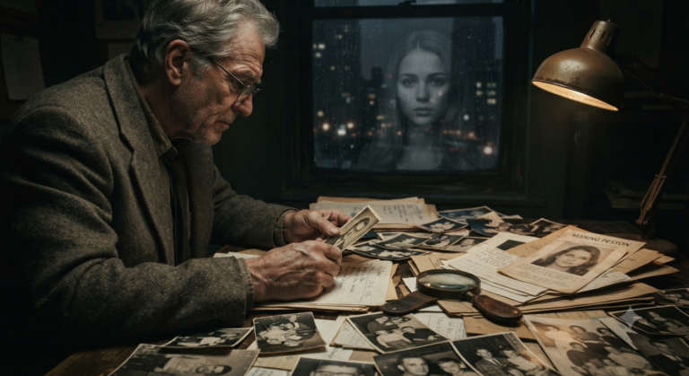 Missing sister mystery featuring an older detective examining photographs and case files while a young woman’s face appears in the window