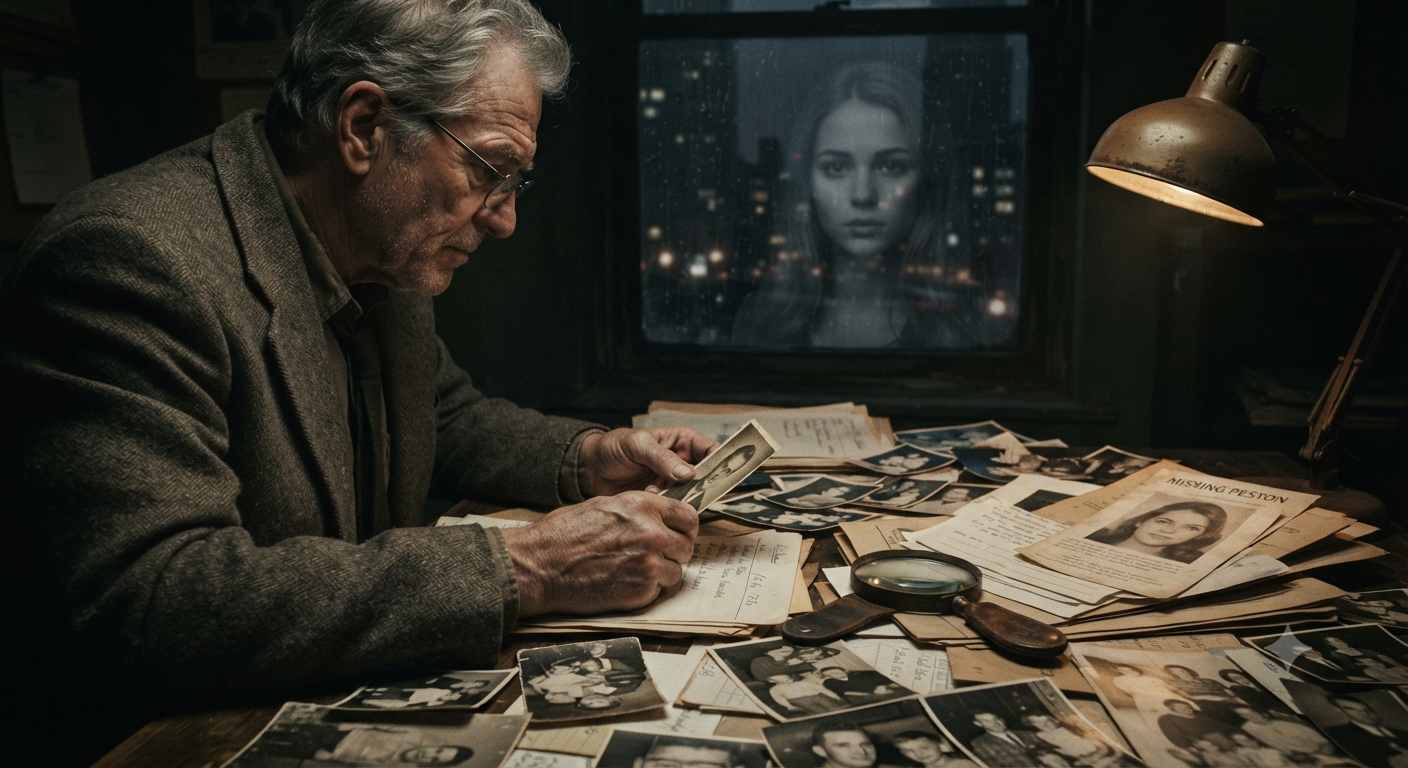 Missing sister mystery featuring an older detective examining photographs and case files while a young woman’s face appears in the window