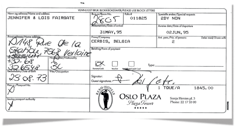Jennifer Fairgate mystery hotel registration form from Room 2805 case