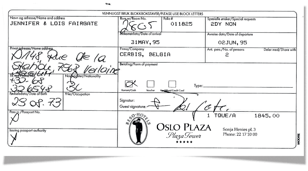 Jennifer Fairgate mystery hotel registration form from Room 2805 case
